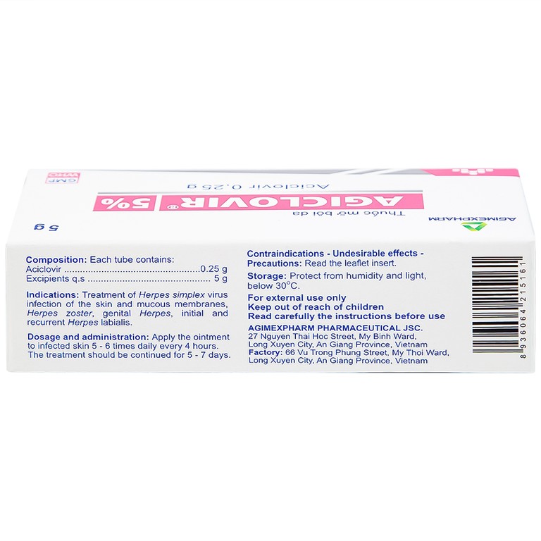 Thuốc mỡ bôi da Agiclovir 5% Agimexpharm điều trị nhiễm Herpes simplex, Herpes zoster, Herpes sinh dục (5g)
