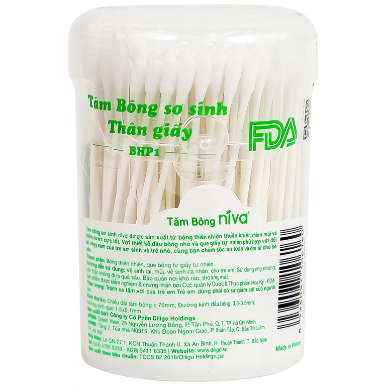 Tăm bông sơ sinh Niva BHP1 thân giấy 2 đầu tròn vệ sinh tai, mũi, vệ sinh cá nhân (200 que) 