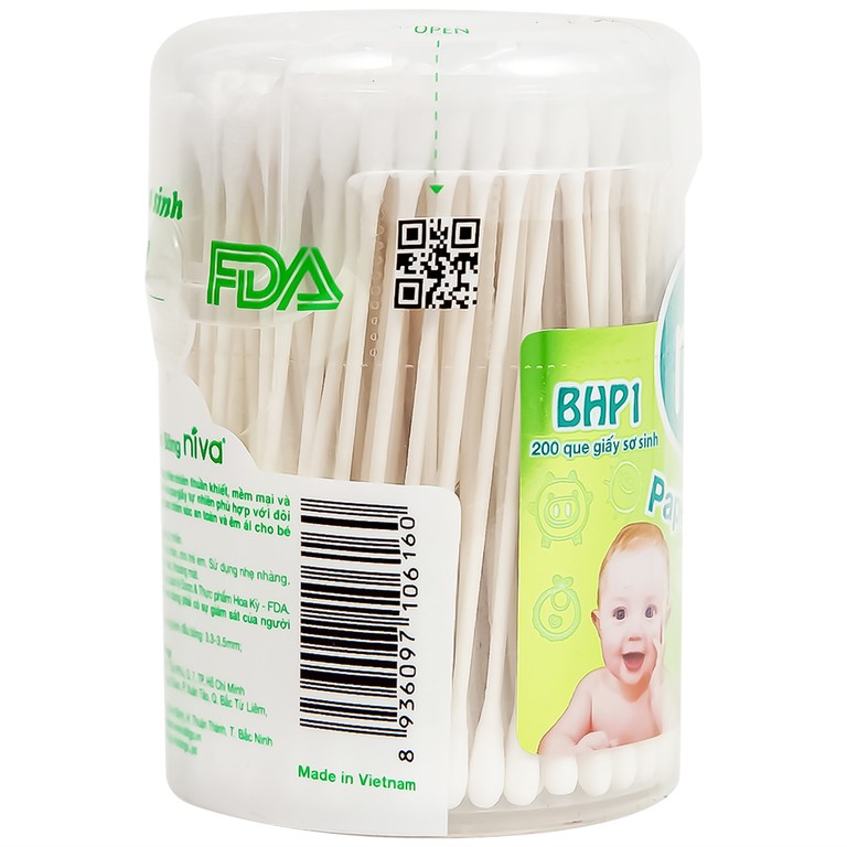 Tăm bông sơ sinh Niva BHP1 thân giấy 2 đầu tròn vệ sinh tai, mũi, vệ sinh cá nhân (200 que) 