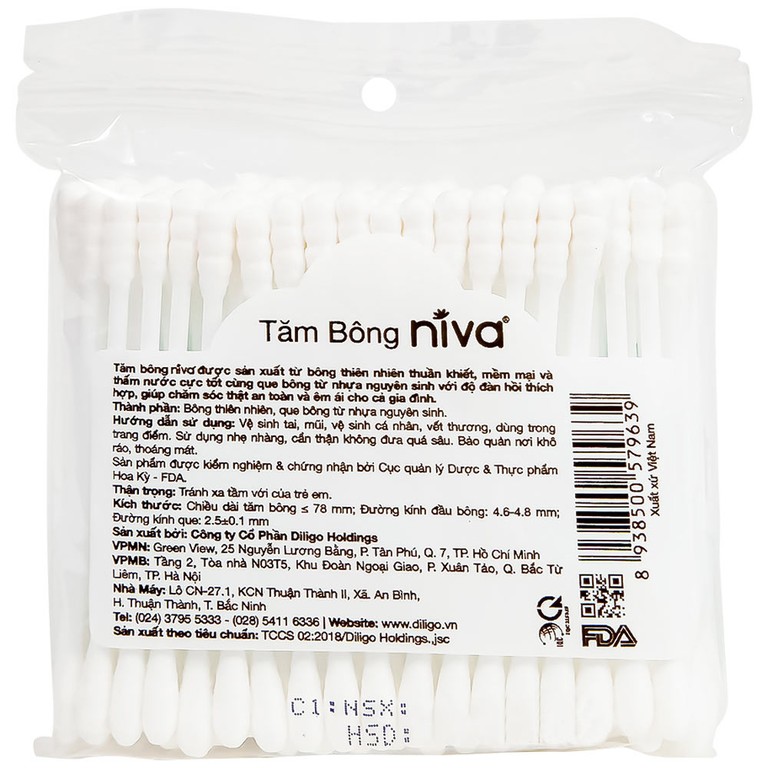 Tăm bông Niva AZ2 túi zipper 1 đầu tròn 1 đầu xoắn hỗ trợ vệ sinh tai, mũi, vết thương (100 que)