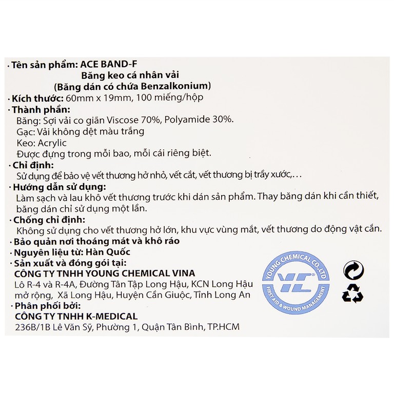 Băng keo cá nhân vải Elastic Fabric Ace Band-F 60mm x 19mm Young Chemical bảo vệ vết thương (100 miếng)