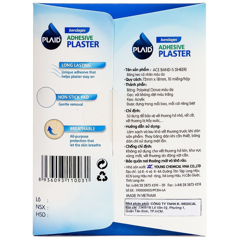 Băng keo cá nhân màu da Ace Band-S (Sheer) 72mm x 18mm Young Chemical bảo vệ vết thương hở (10 miếng)