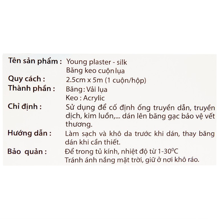 Băng keo cuộn lụa Young Plaster-Silk 2.5cm x 5m Young Chemical cố định ống truyền dẫn, dán lên gạc cố định vết thương (1 cuộn)