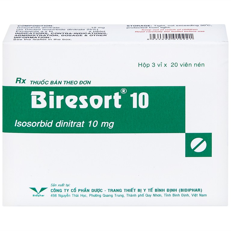 Thuốc Biresort 10 Bidiphar phòng và điều trị cơn đau thắt ngực, suy tim sung huyết (3 vỉ x 20 viên)