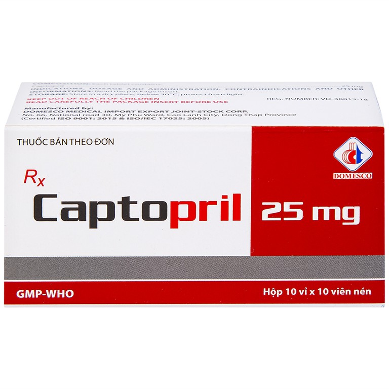 Thuốc Captopril 25mg Domesco điều trị tăng huyết áp, suy tim, nhồi máu cơ tim (10 vỉ x 10 viên) 