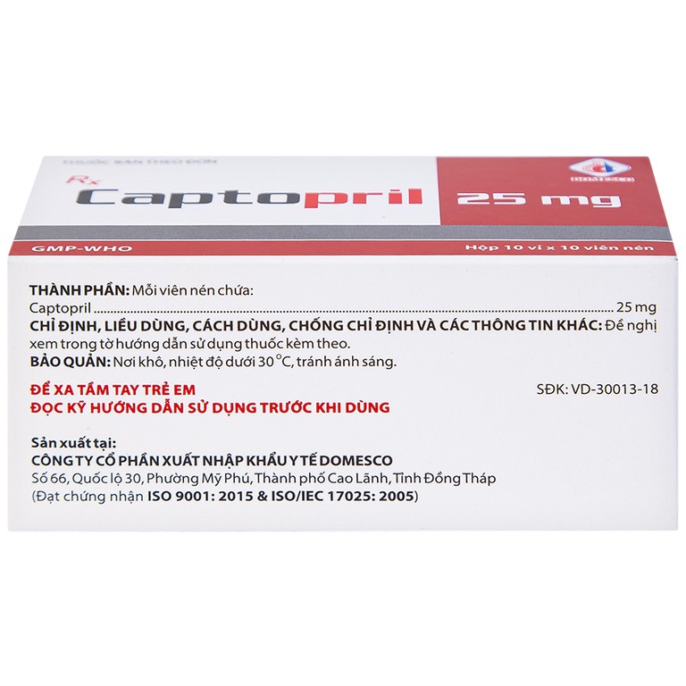 Thuốc Captopril 25mg Domesco điều trị tăng huyết áp, suy tim, nhồi máu cơ tim (10 vỉ x 10 viên) 
