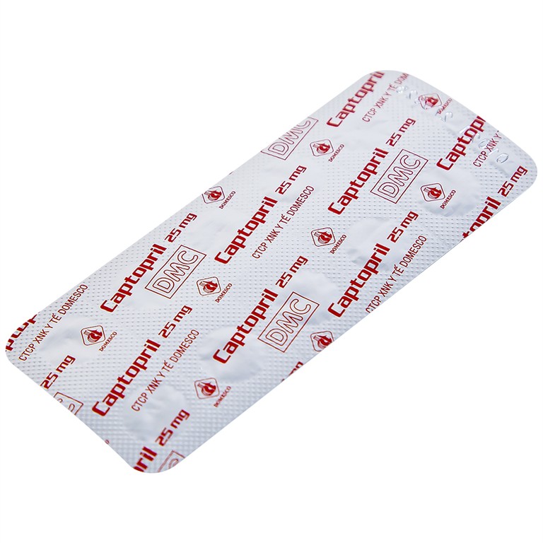 Thuốc Captopril 25mg Domesco điều trị tăng huyết áp, suy tim, nhồi máu cơ tim (10 vỉ x 10 viên) 
