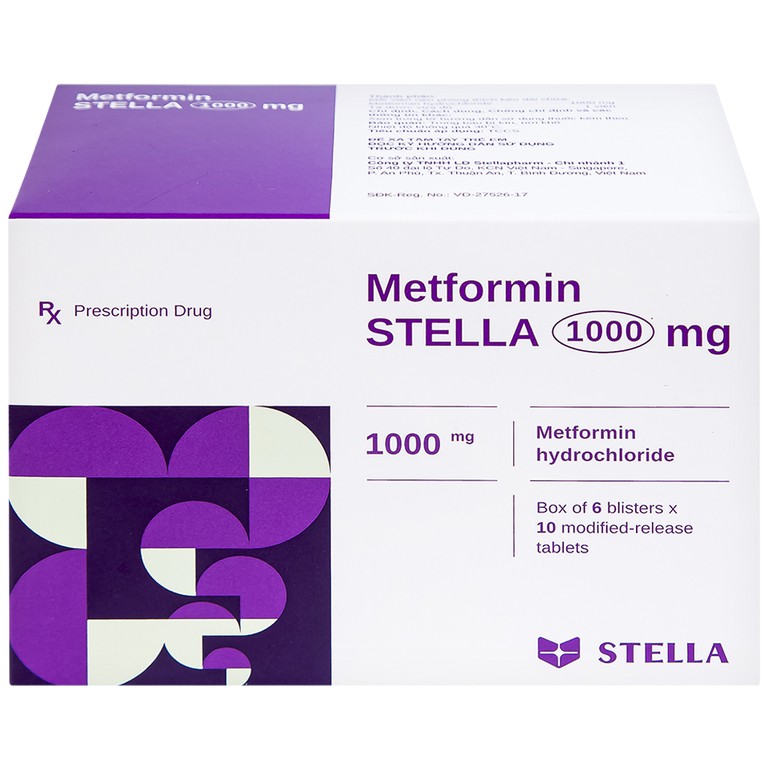 Thuốc Metformin Stella 1000mg điều trị đái tháo đường típ 2 (6 vỉ x 10 viên)
