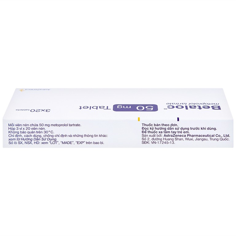 Thuốc Betaloc 50mg AstraZeneca điều trị tăng huyết áp, dự phòng đau thắt ngực (3 vỉ x 20 viên) 