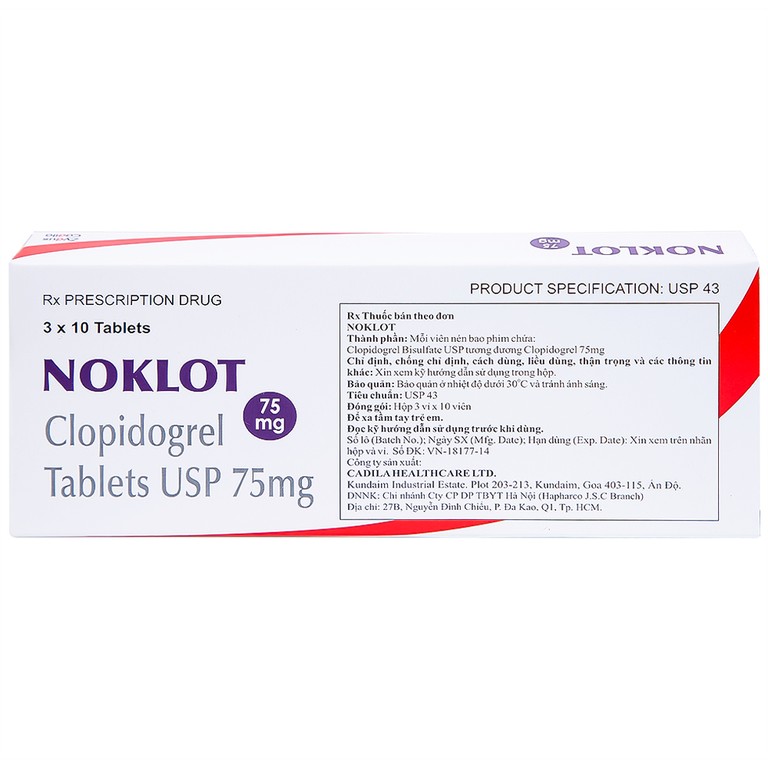 Viên nén Noklot 75mg Cadila phòng ngừa tai biến xơ vữa động mạch (3 vỉ x 10 viên)