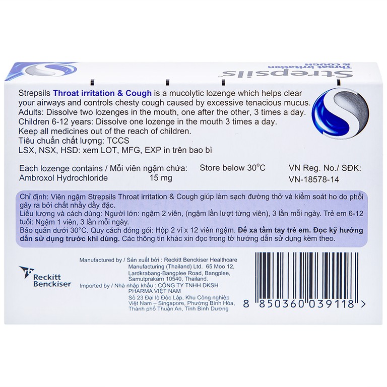 Viên ngậm Strepsils Throat Irritation & Cough Reckitt Benckiser giúp làm sạch đường thở và kiểm soát ho (2 vỉ x 12 viên)