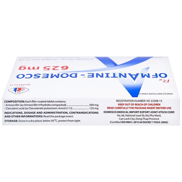 Thuốc Ofmantine Domesco 625mg điều trị nhiễm khuẩn đường hô hấp, đường tiết niệu - sinh dục (2 vỉ x 7 viên)