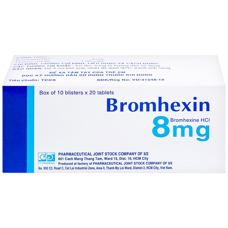 Thuốc Bromhexin 8mg Dược 3-2 tan đàm trong viêm khí phế quản, viêm phế quản mạn tính (10 vỉ x 20 viên)
