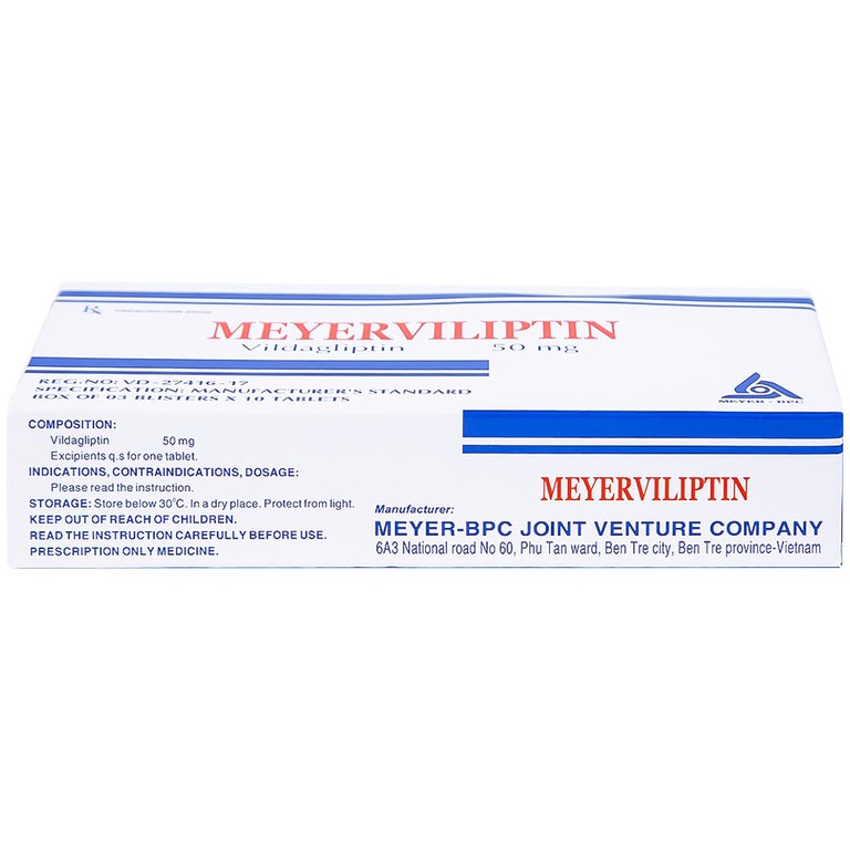 Viên nén Meyerviliptin 50mg Meyer-BPC hỗ trợ chế độ ăn kiêng, kiếm soát đường huyết (3 vỉ x 10 viên)