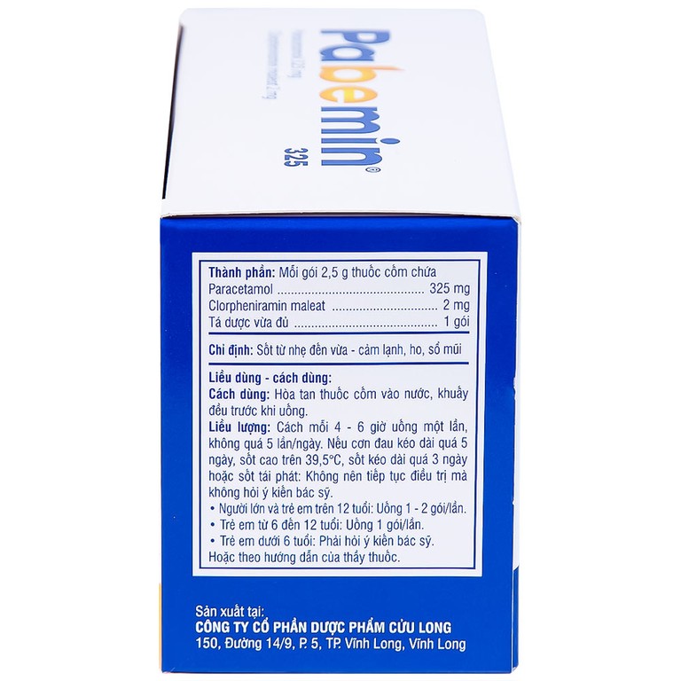 Cốm Pabemin 325 Pharimexco điều trị sốt từ nhẹ đến vừa, cảm lạnh, ho, sổ mũi (30 gói)