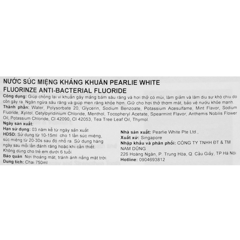 Nước súc miệng Pearlie White Fluorinze Anti-Bacterial Fluoride (750ml)