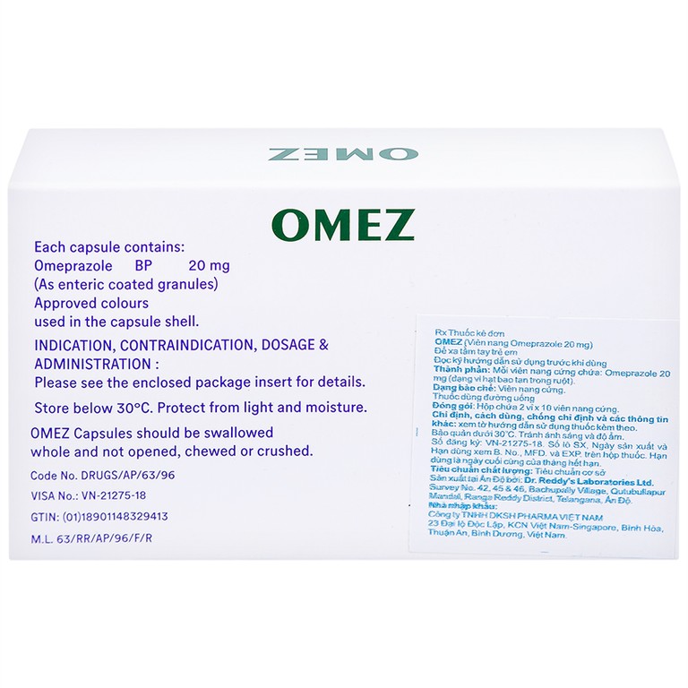 Viên nang cứng Omez 20mg Dr.Reddy's điều trị và dự phòng tái phát loét tá tràng (2 vỉ x 10 viên)