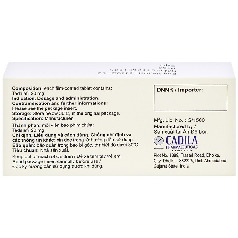 Viên nén Jovan T 20 Cadila điều trị rối loạn cương dương (1 vỉ x 1 viên)