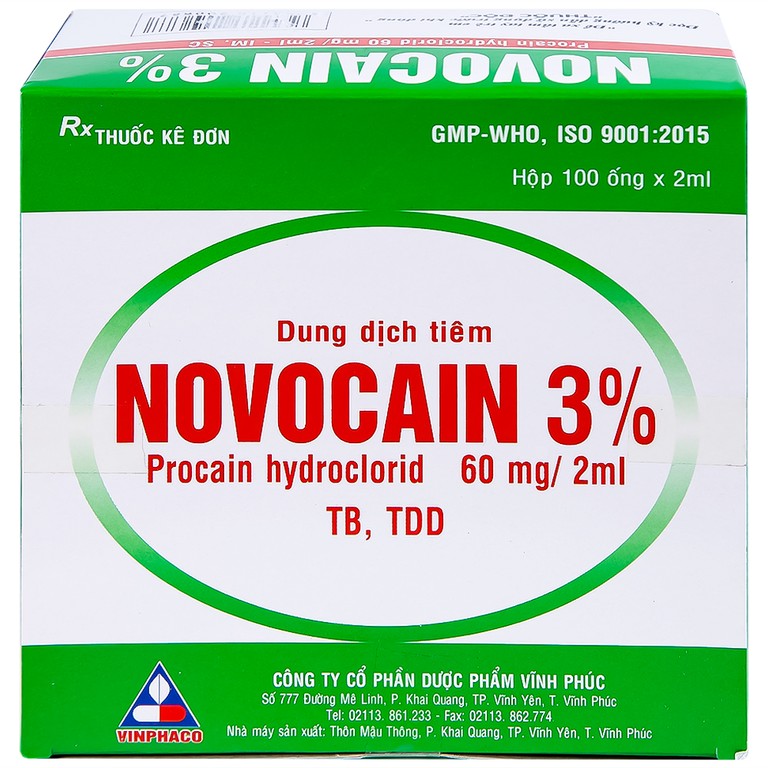 Dung dịch tiêm Novocain 3% Vinphaco gây tê tiêm thấm, gây tê vùng, gây tê tủy sống (100 ống x 2ml) 