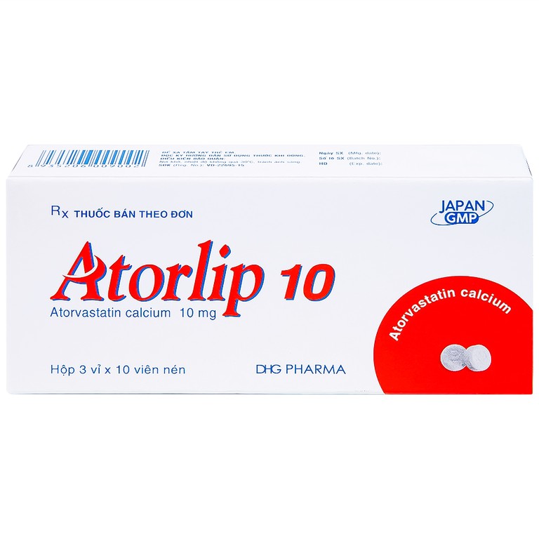 Thuốc Atorlip 10mg DHG điều trị tăng cholesterol toàn phần, tăng LDL-cholesterol (3 vỉ x 10 viên)