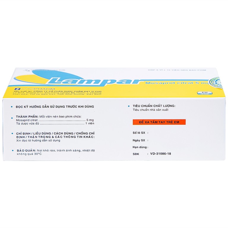 Viên nén Lampar 5mg DaviPharm điều trị bệnh trào ngược dạ dày - thực quản mạn tính (6 vỉ x 10 viên)