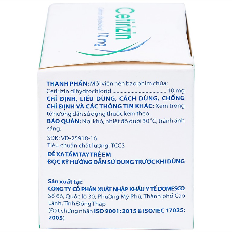 Thuốc Cetirizin 10mg Domesco điều trị viêm mũi dị ứng, mày đay (10 vỉ x 10 viên)