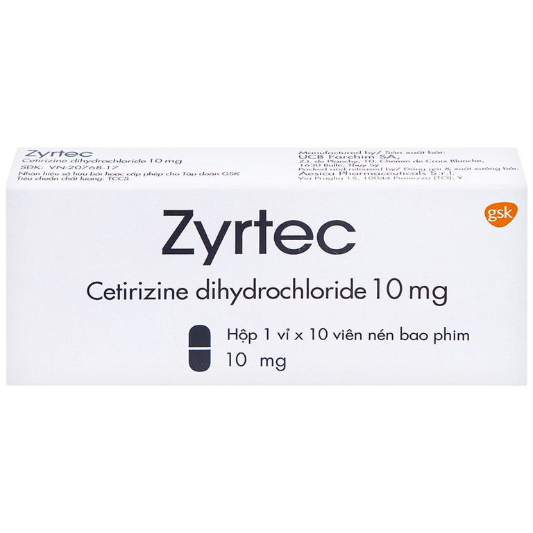 Thuốc Zyrtec GSK giảm viêm mũi dị ứng, mày đay tự phát, mạn tính (1 vỉ x 10 viên)