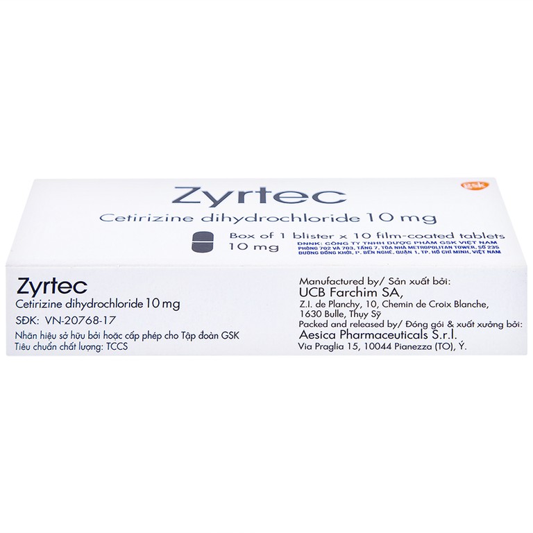 Thuốc Zyrtec GSK giảm viêm mũi dị ứng, mày đay tự phát, mạn tính (1 vỉ x 10 viên)