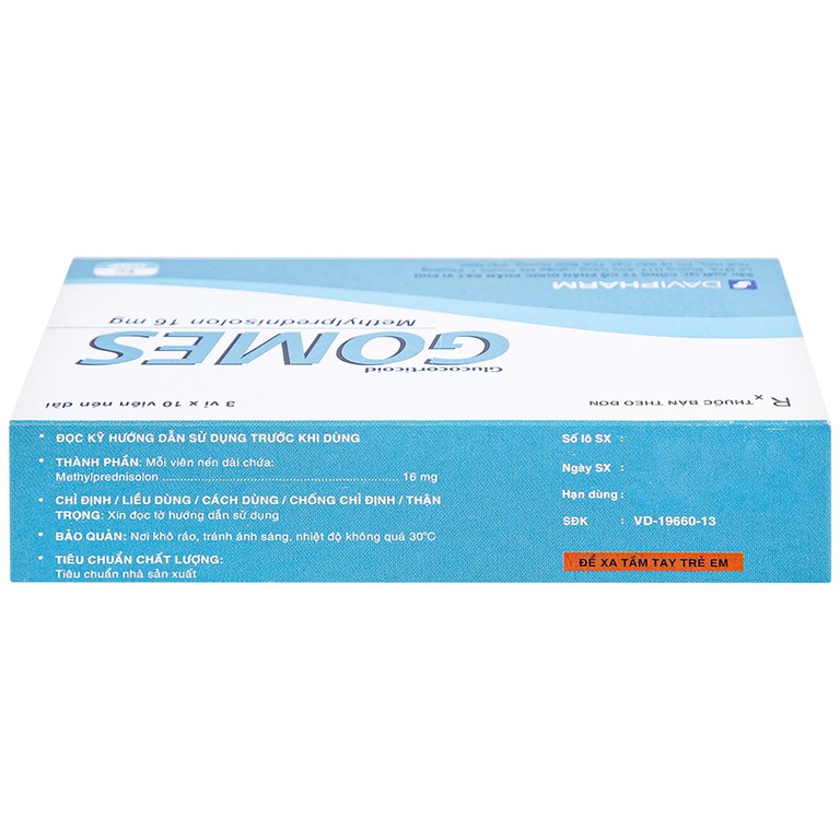 Thuốc Gomes 16mg Davipharm kháng viêm, điều trị viêm khớp dạng thấp, lupus ban đỏ hệ thống (3 vỉ x 10 viên)