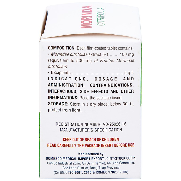 Thuốc Morinda Citrifolia Domesco điều trị đau nhức, sưng khớp, tăng huyết áp (50 viên) 