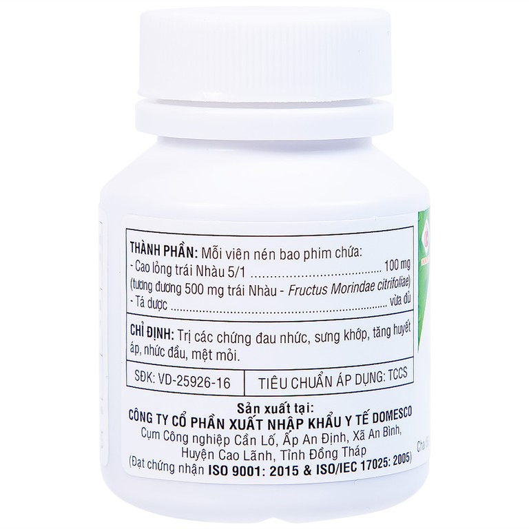 Thuốc Morinda Citrifolia Domesco điều trị đau nhức, sưng khớp, tăng huyết áp (50 viên) 