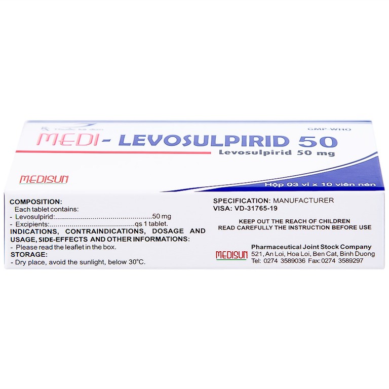Viên nén Medi-Levosulpirid 50 Medisun điều trị tâm thần phân liệt, rối loạn tiêu hóa (3 vỉ x 10 viên)