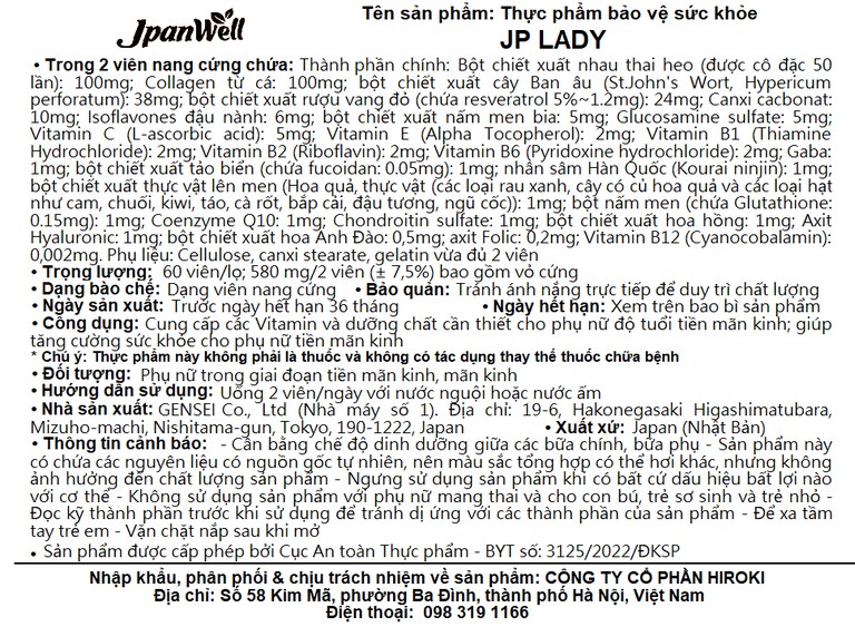 Viên uống JP Lady Jpanwell cung cấp vitamin hỗ trợ phụ nữ giai đoạn tiền mãn kinh (60 viên)