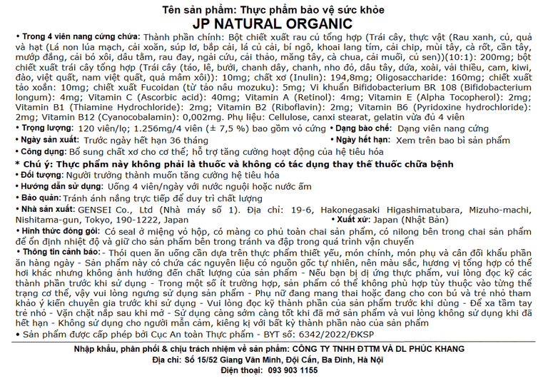 Thực phẩm bảo vệ sức khỏe JP Natural Organic Jpanwell bổ sung chất xơ, chống táo bón và tăng đề kháng (120 viên) 