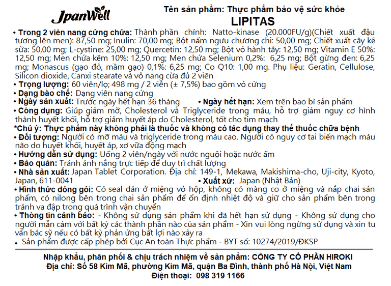Viên uống Lipitas Jpanwell giúp giảm mỡ, cholesterol và triglyceride trong máu (60 viên)