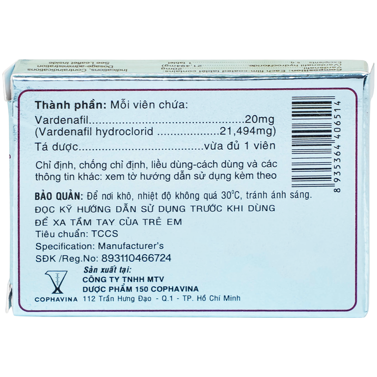 Thuốc Levina 20mg Cophavina điều trị rối loạn chức năng cương dương (1 vỉ x 4 viên)