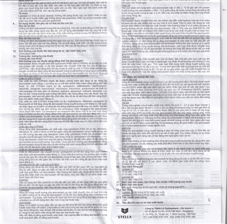 Viên nén Lipistad 10 Stella điều trị tăng cholesterol máu (3 vỉ x 10 viên)