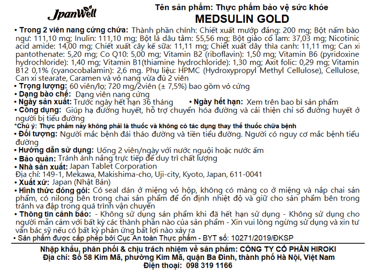 Viên uống Medsulin Gold Jpanwell giúp hạ đường huyết, hỗ trợ chuyển hóa đường (60 viên)
