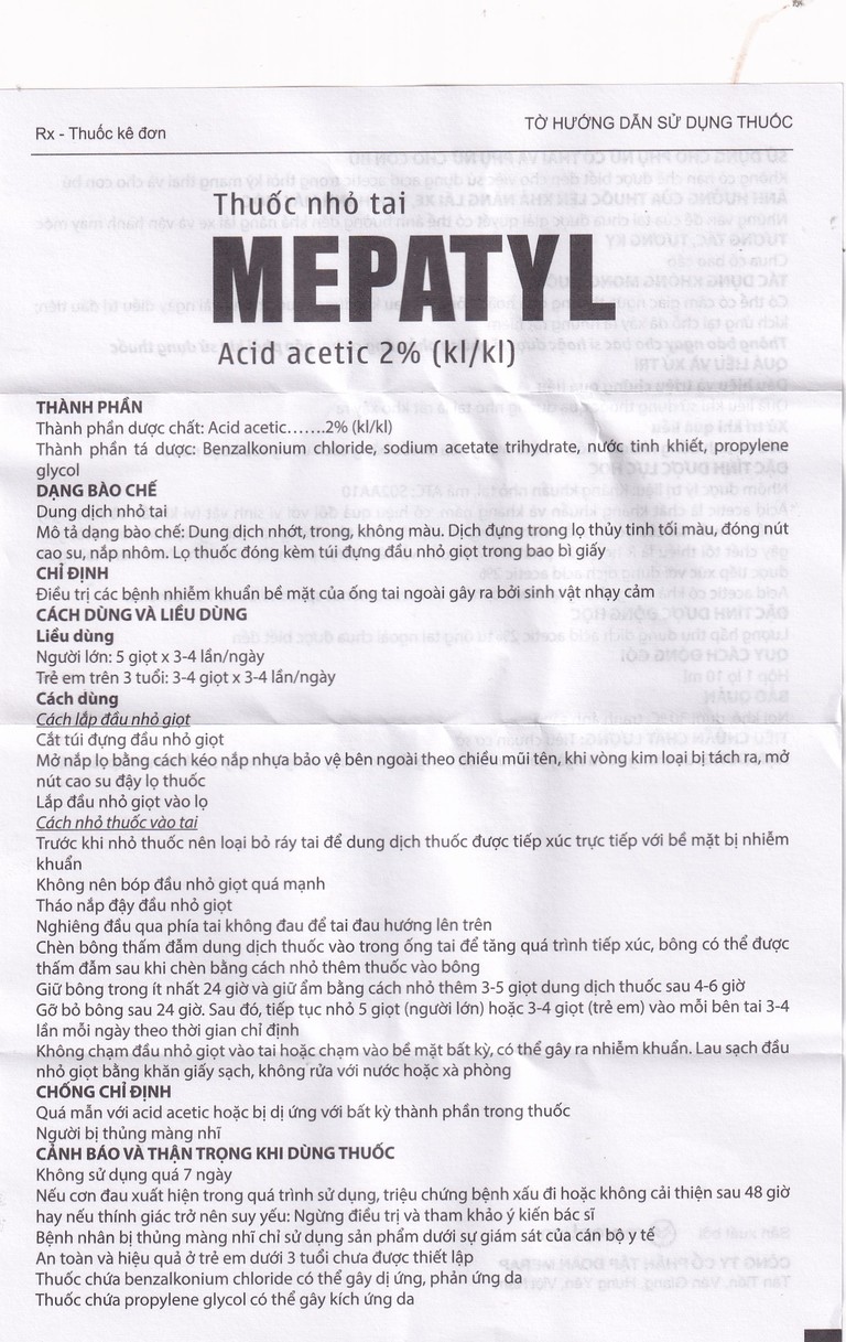 Thuốc nhỏ tai Mepatyl 10ml Merap điều trị nhiễm khuẩn của ống tai ngoài