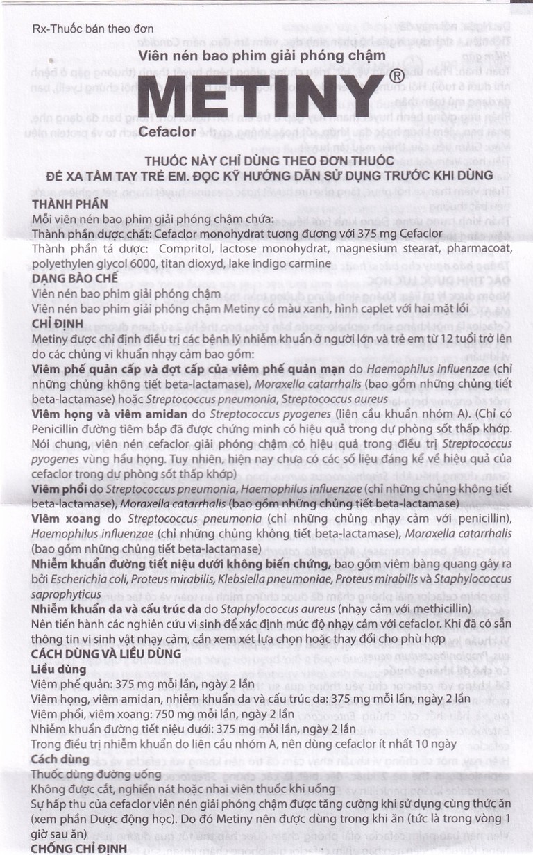 Thuốc Metiny 375mg Merap Group điều trị các bệnh lý nhiễm trùng viêm phế quản cấp (1 vỉ x 10 viên)