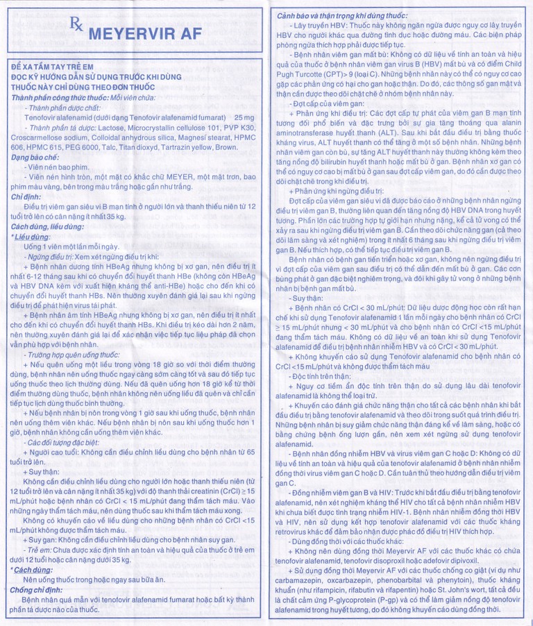 Thuốc Meyervir AF 25mg Meyer-BPC điều trị viêm gan siêu vi B mạn tính (3 vỉ x 10 viên)