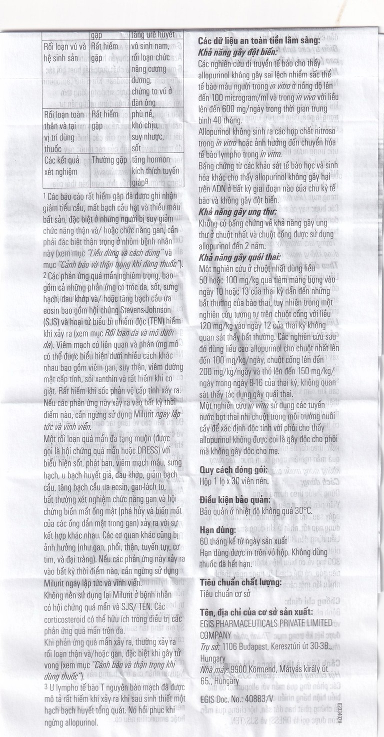 Viên nén Milurit 300mg Egis Pharma điều trị bệnh gout, phòng ngừa bệnh sỏi axit uric (30 viên)