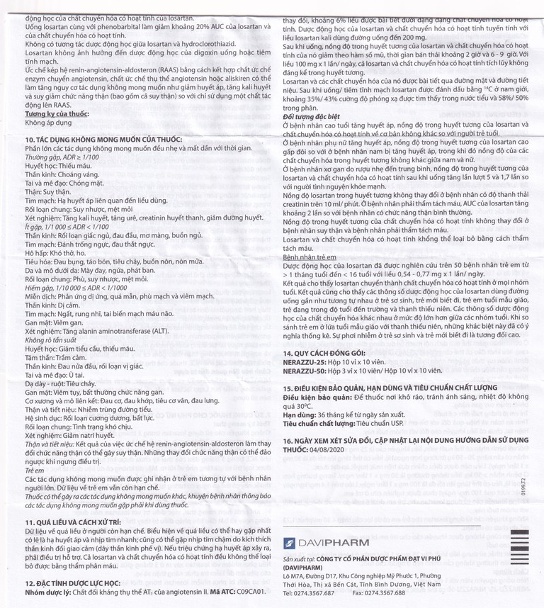 Thuốc Nerazzu 50 Davipharm điều trị tăng huyết áp (3 vỉ x 10 viên)