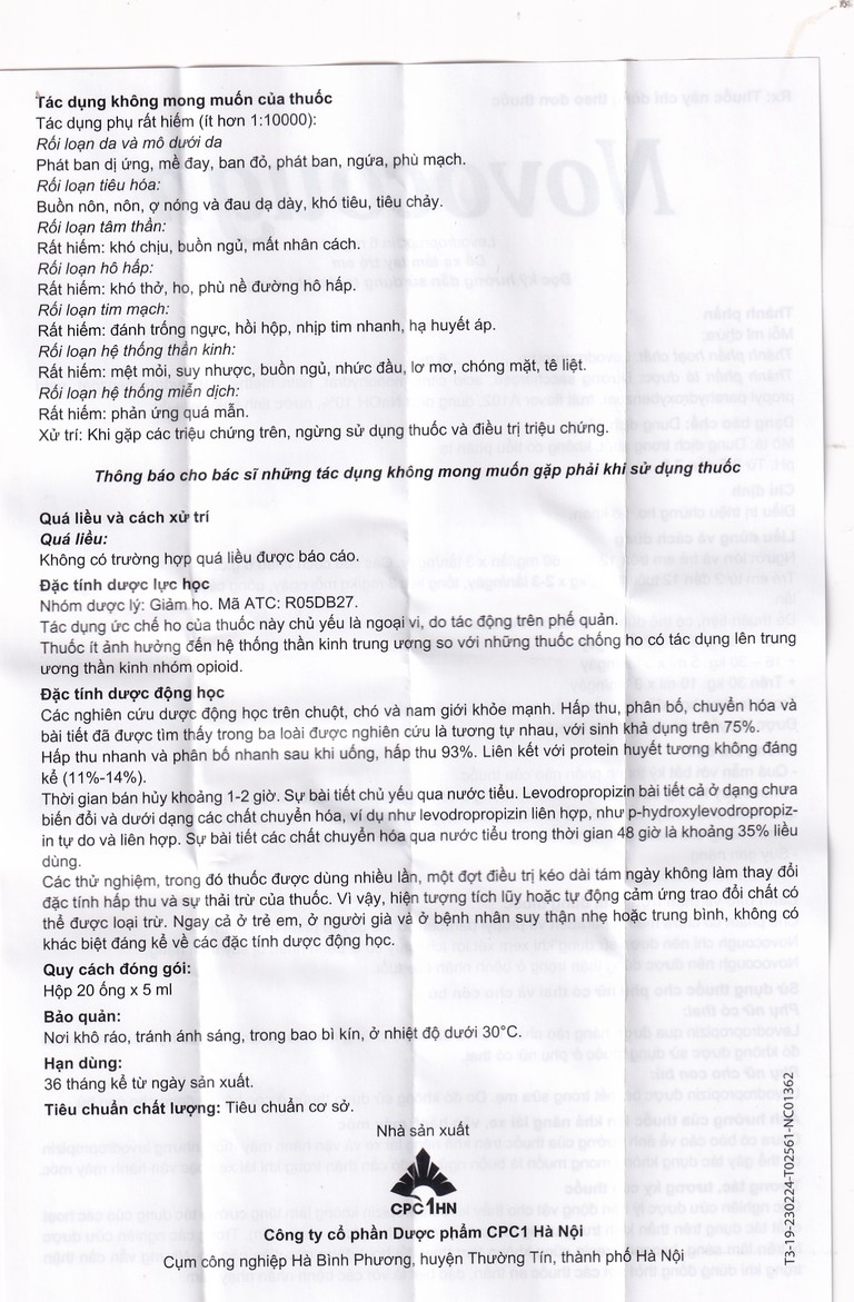 Dung dịch uống Novocough 6mg/ml CPC1HN điều trị triệu chứng ho (20 ống x 5ml)