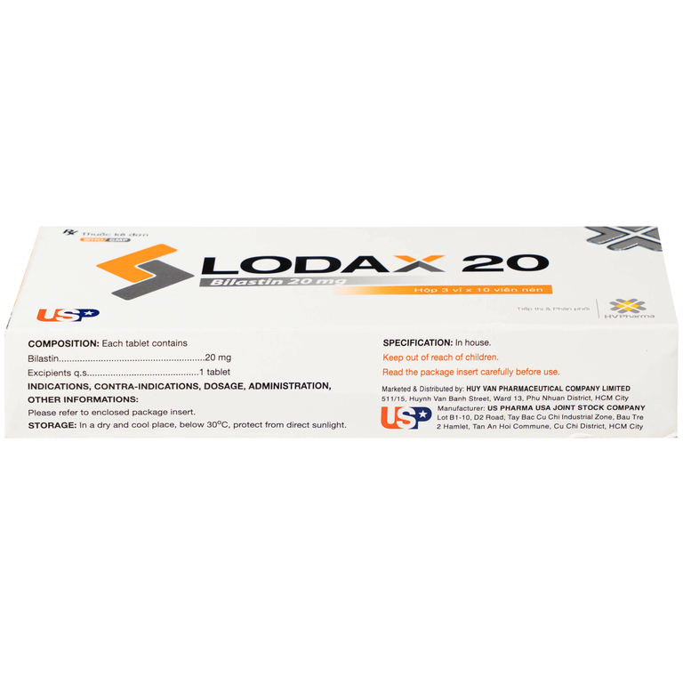 Thuốc Lodax 20mg USP điều trị triệu chứng trong trường hợp viêm mũi dị ứng và mày đay (3 vỉ x 10 viên)