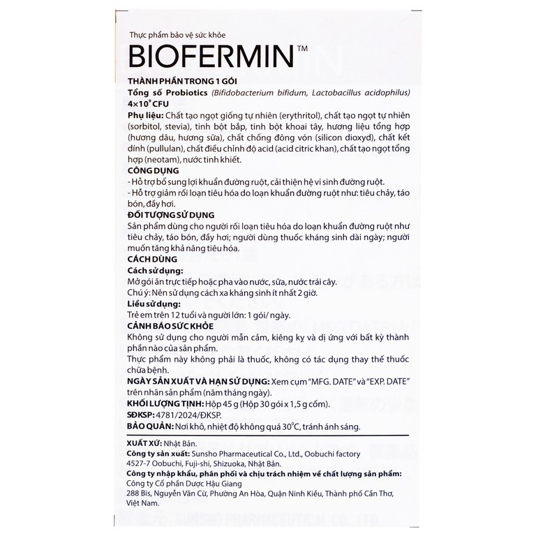 Biofermin Taisho hỗ trợ bổ sung lợi khuẩn đường ruột, cải thiện hệ vi sinh đường ruột (30 gói)
