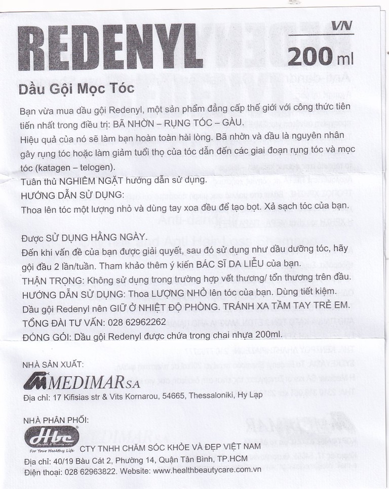 Dầu gội Redenyl Medimar chống rụng, kích thích mọc tóc (200ml)