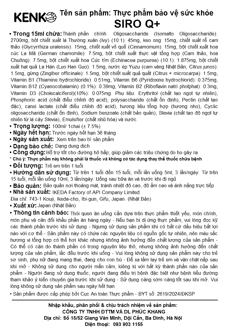 Thực phẩm bảo vệ sức khỏe SIRO Q+ KenKo hỗ trợ đường hô hấp (100ml)