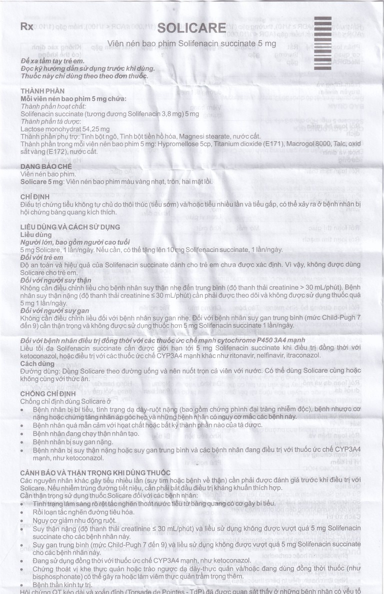 Thuốc Solicare 5mg Genepharm điều trị tiểu không kiểm soát do bàng quang kích thích (3 vỉ x 10 viên)
