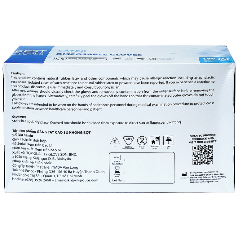 Găng tay cao su y tế không bột phủ Latex Powder Free Disposable Best Gloves size M (100 cái)